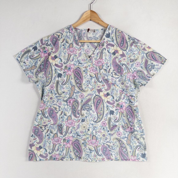 Denice Scrub Top Womens L/XL Multicolor Floral Paisley Print Short Sleeve V Neck - Picture 1 of 8